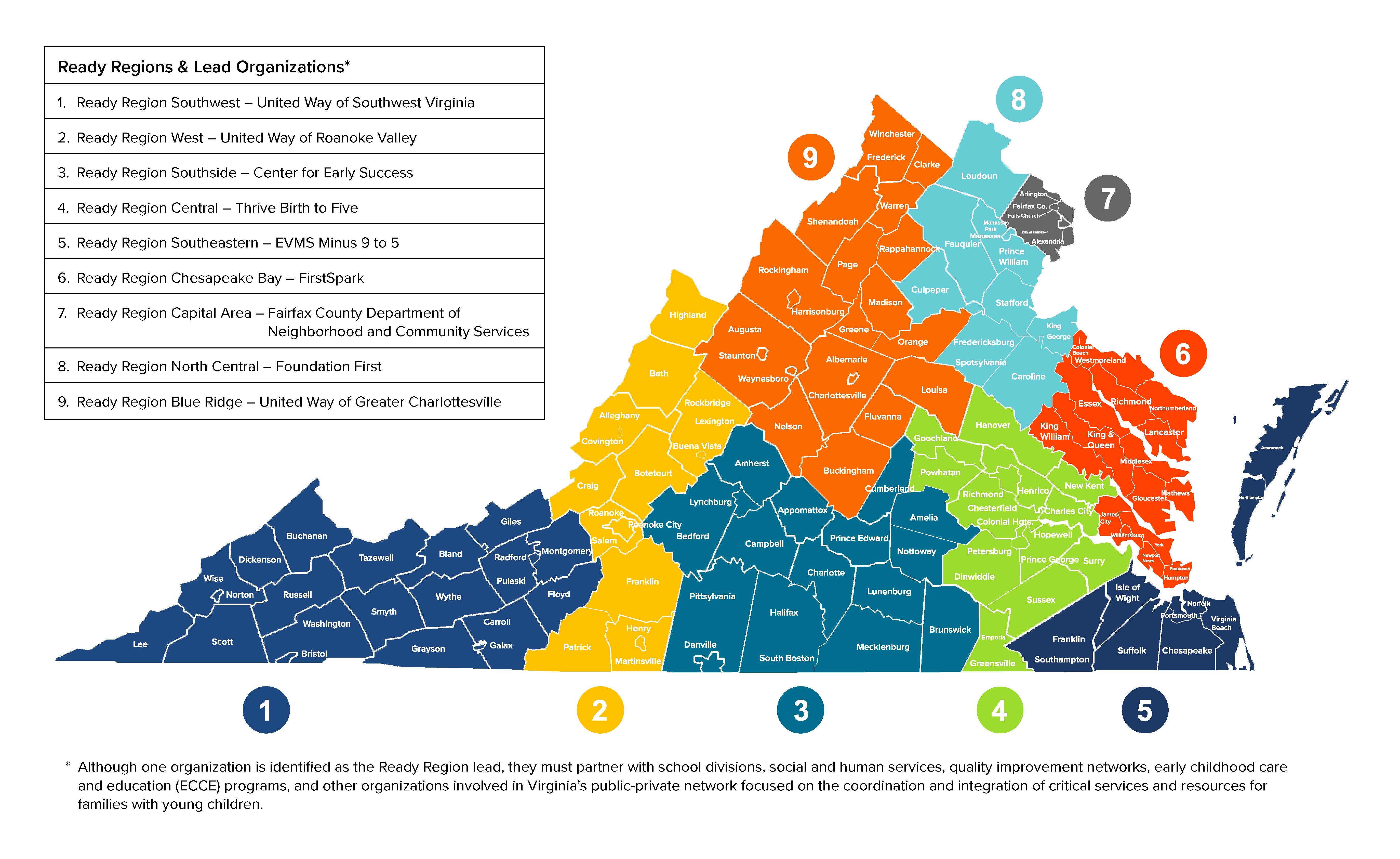A color-coded map of Virginia divided into nine numbered "Ready Regions," each with a designated lead organization. Regions span from Southwest Virginia to the Chesapeake Bay area, with lead organizations including local United Ways, Thrive Birth to Five, FirstSpark, and others. County and city names are labeled throughout the map.